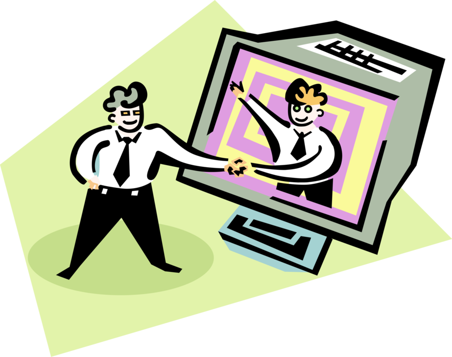 Vector Illustration of Businessmen Shaking Hands Online Through Internet Technology