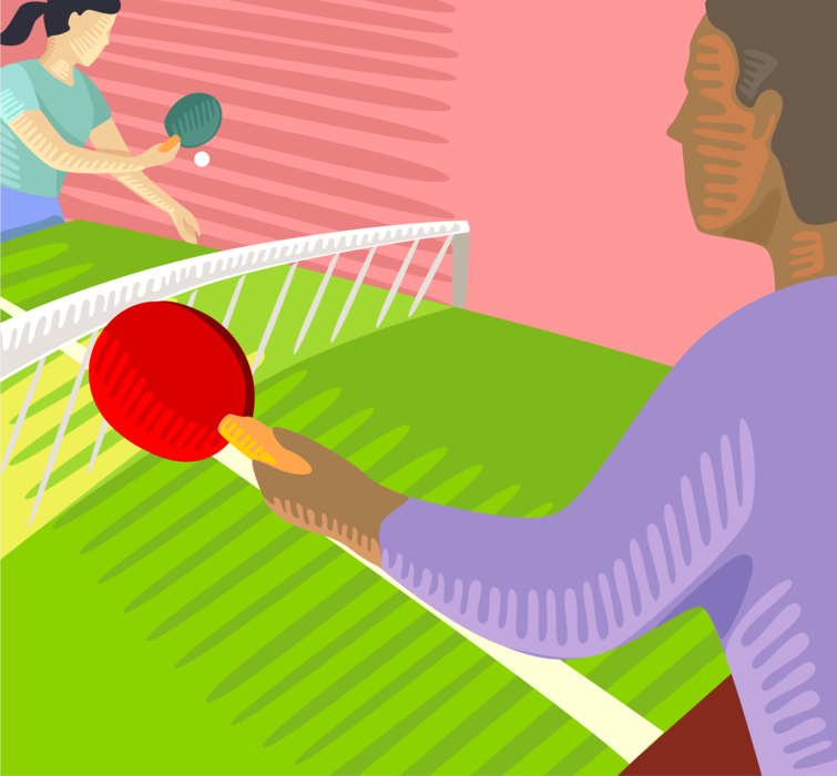 Vector Illustration of Game of Table Tennis Players Playing Ping Pong with Racket Paddles
