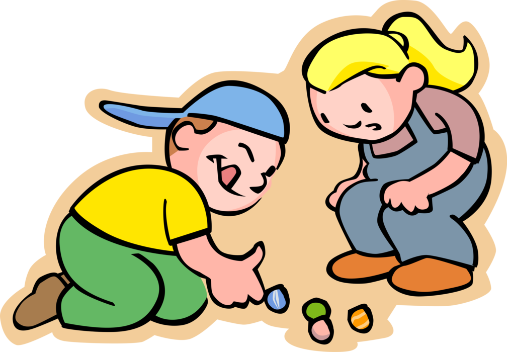 Vector Illustration of Primary or Elementary School Student Boy and Girl Play Marbles at Recess