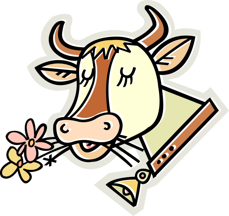 Vector Illustration of Dairy Farm Cow Eats Flowers