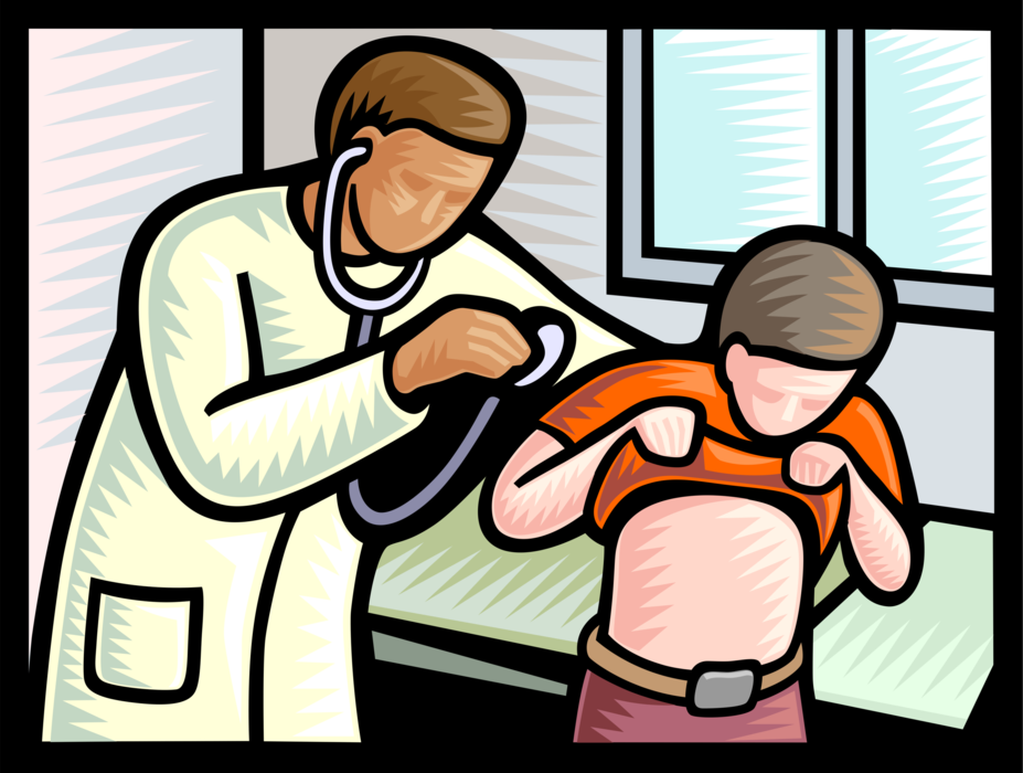 Vector Illustration of Health Care Professional Doctor Physician Examines Patient with Stethoscope