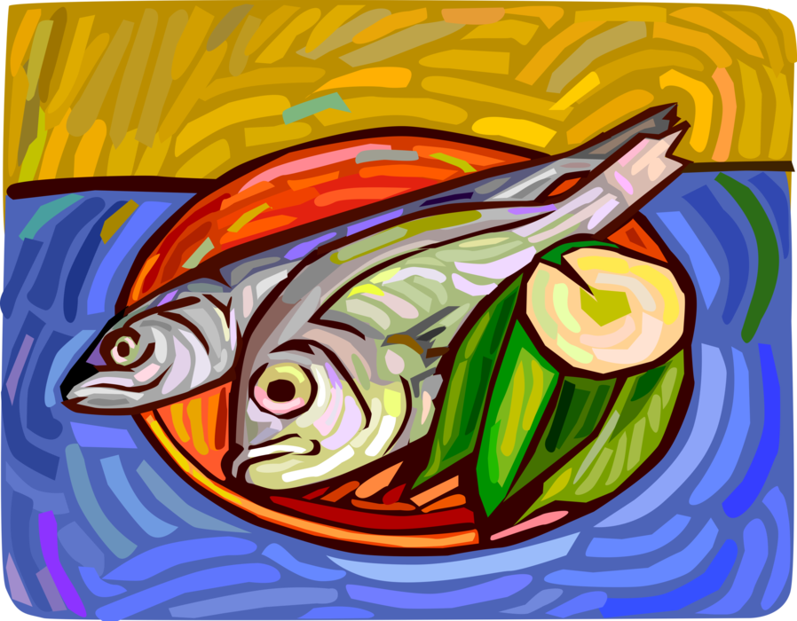 Vector Illustration of Baked Fish Dinner on Plate with Lemon