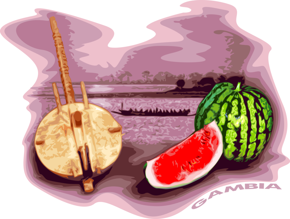 Vector Illustration of Gambia Postcard Design with Kora Mandinka Harp String Instrument and Watermelon Fruit