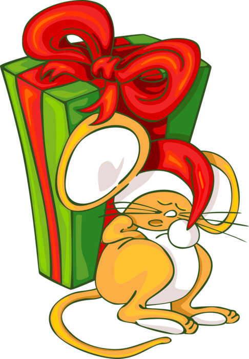 Vector Illustration of Festive Season Christmas Mouse Asleep with Gift Wrapped Present and Ribbon Bow