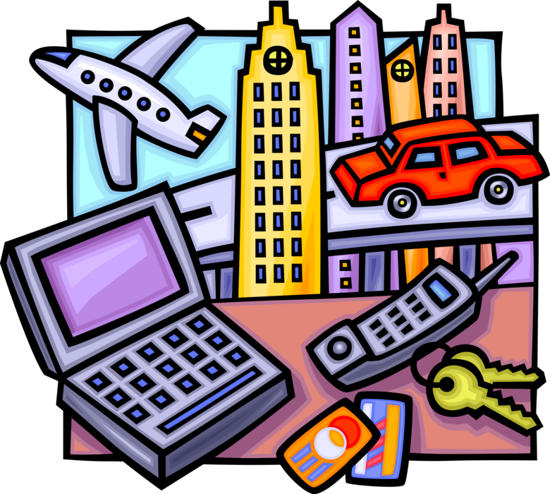 Vector Illustration of Business Travel with Airline Airplane, Automobile Vehicle, Mobile Smartphone Phone and Computer