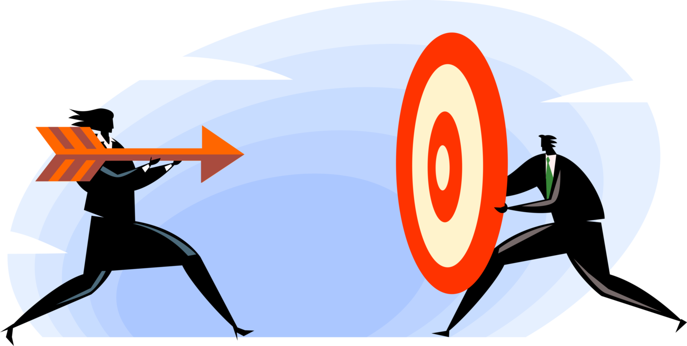 Vector Illustration of Businesswoman Throws Archery Arrow at Bullseye or Bull's-Eye Target
