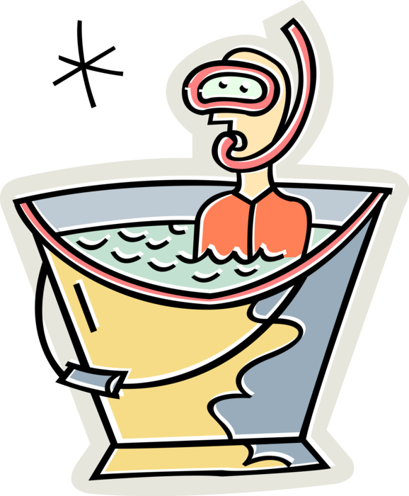 Vector Illustration of Snorkeler with Diving Mask and Snorkel in Bucket of Water