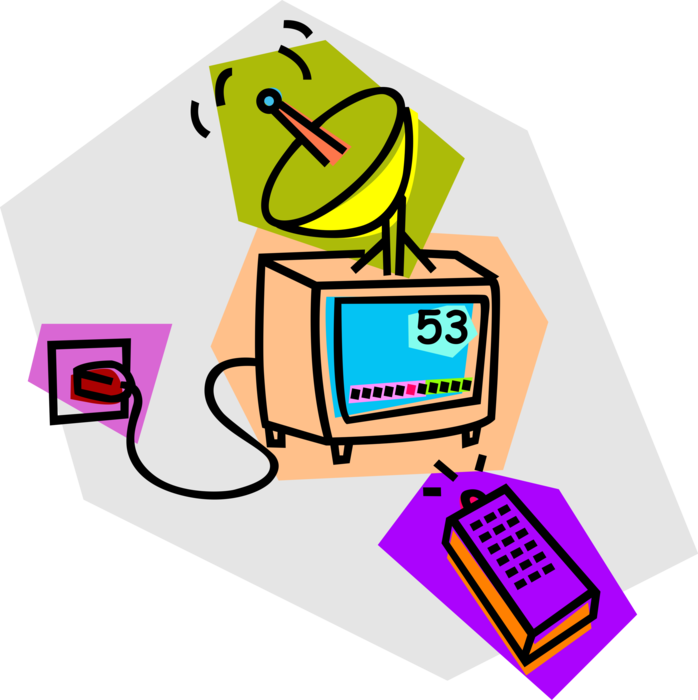 Vector Illustration of Television TV Set with Remote Control with Satellite Parabolic Antenna Receiving Signals