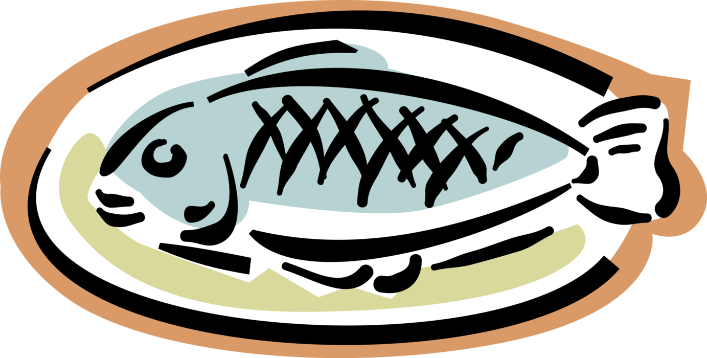 Vector Illustration of Baked Fish Dinner on Plate