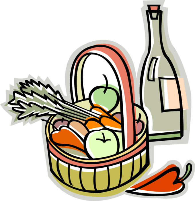 Vector Illustration of Wicker Basket of Fruit and Vegetables with Bottle of Wine