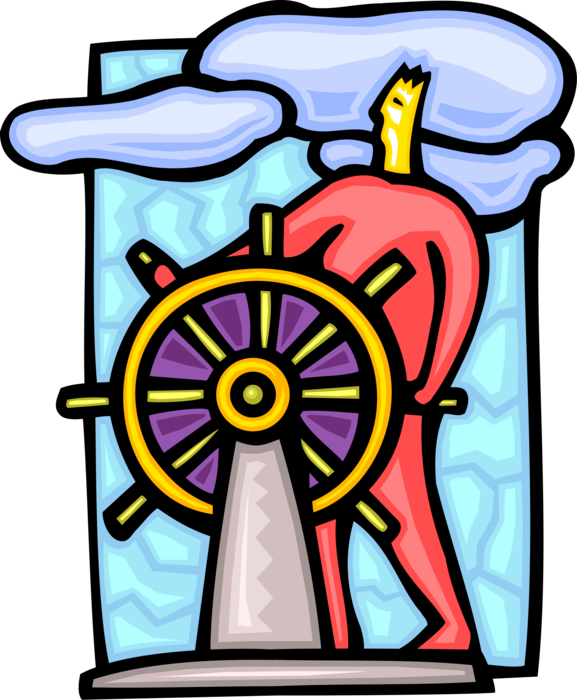 Vector Illustration of Maritime Captain at Ship's Helm Wheel Helm to Change Vessel's Course