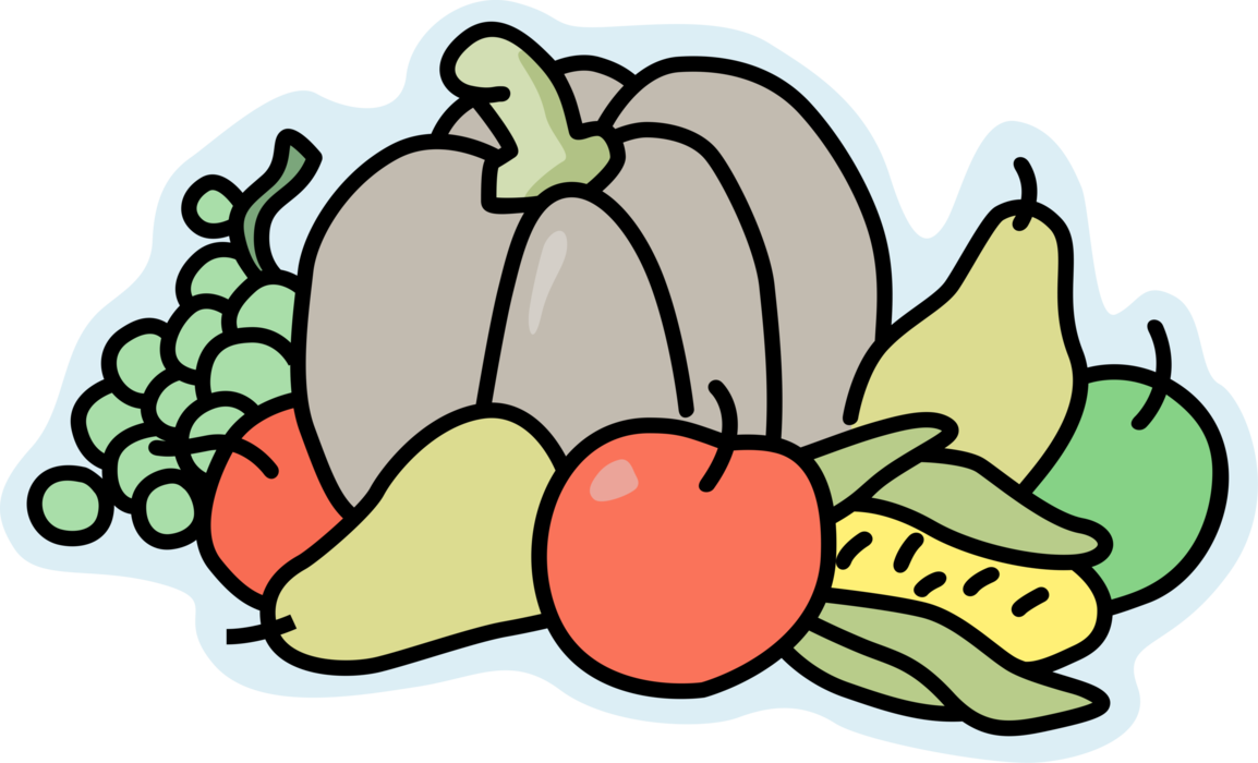 Vector Illustration of Pumpkin Squash with Apple, Pear, Grape Fruits and Corn Husk