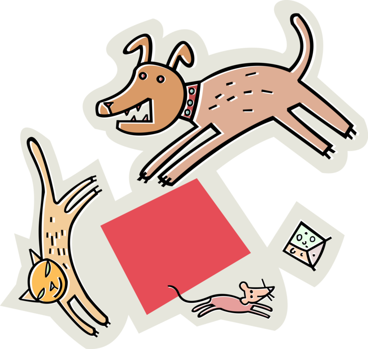 Vector Illustration of Dog Chasing Cat, Chasing Mouse, Chasing Cheese