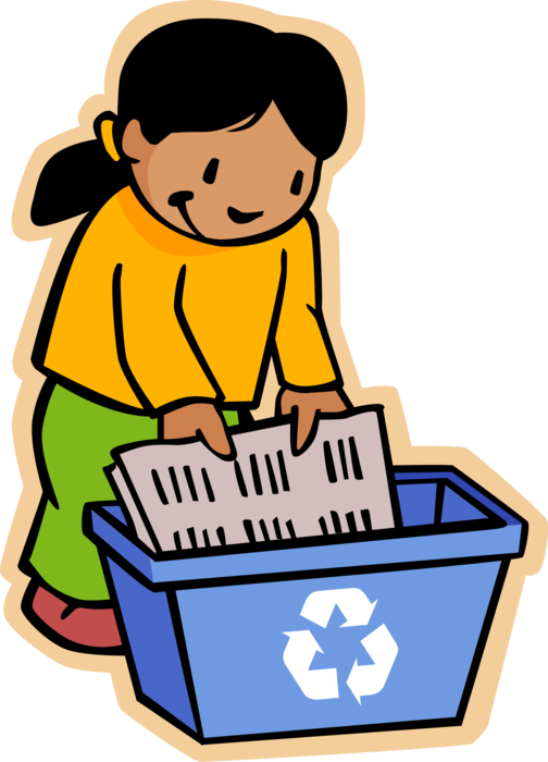 Vector Illustration of Primary or Elementary School Student Girl Recycling Newspaper with Blue Box