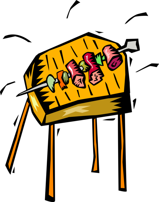Vector Illustration of Outdoor Summer Barbeque or BBQ with Shish Kabobs Skewers on Hot Grill