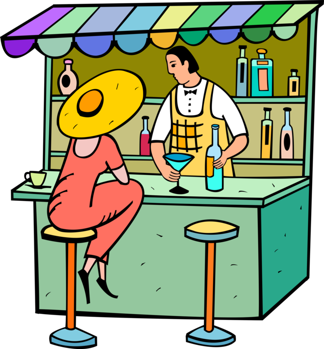 Vector Illustration of Barroom Bartender Serves Alcohol Beverage Cocktail Drinks at Resort Outdoor Bar
