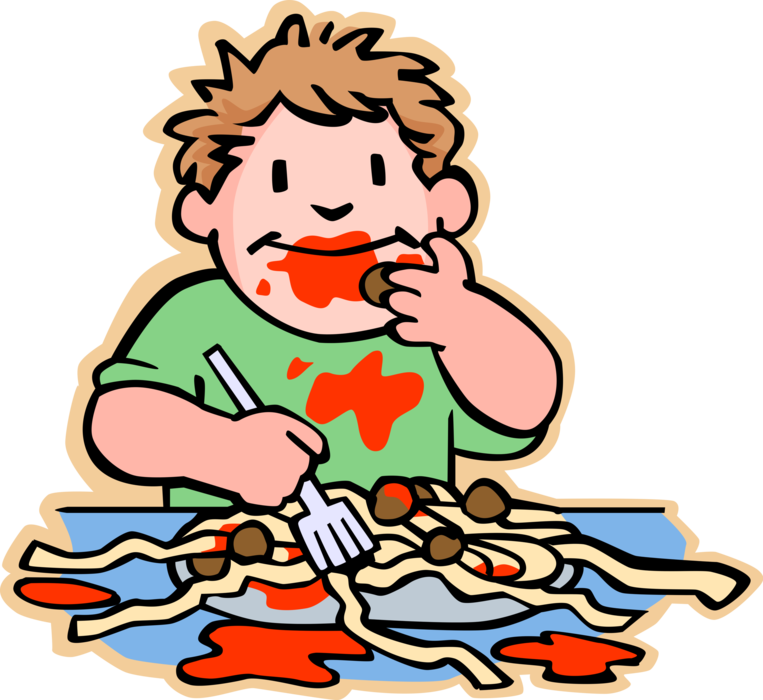 Vector Illustration of Primary or Elementary School Student Boy Gets Messy Eating Spaghetti and Meat Balls