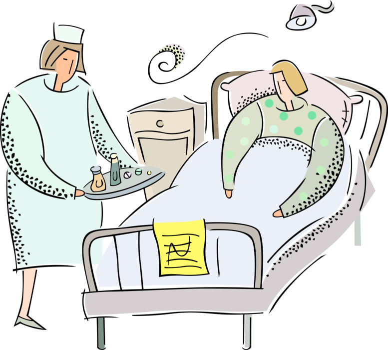 Vector Illustration of Health Care Nurse Delivers Medicine Pills to Sick Patient in Hospital Bed