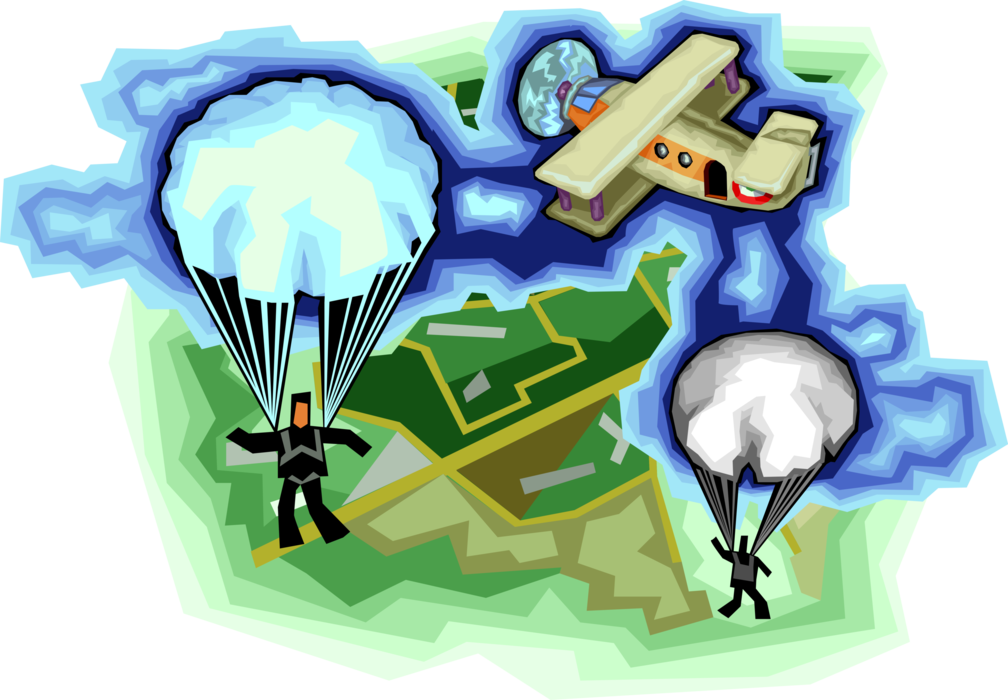 Vector Illustration of Parachutists Parachuting from Airplane Descend to Earth