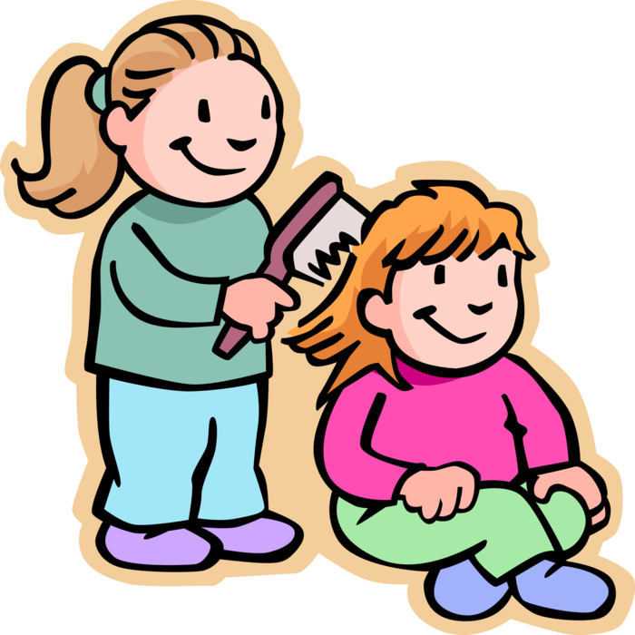 Vector Illustration of Primary or Elementary School Student Girls Grooming and Brushing Hair