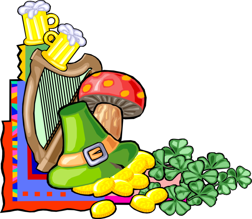Vector Illustration of St Patrick's Day Beer, Harp, Hat, Gold Coins and Four-Leaf Clover Irish Shamrocks