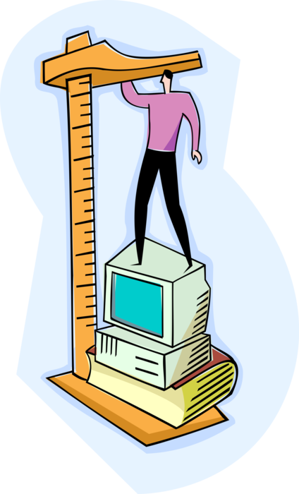 Vector Illustration of Measuring Height with Computer, Books and Ruler
