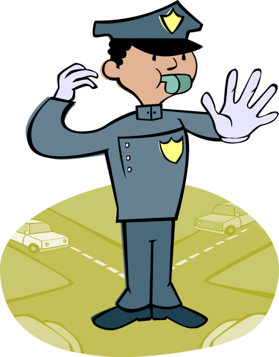 Vector Illustration of Traffic Cop Policeman Directing Traffic with Whistle at Busy Street Intersection