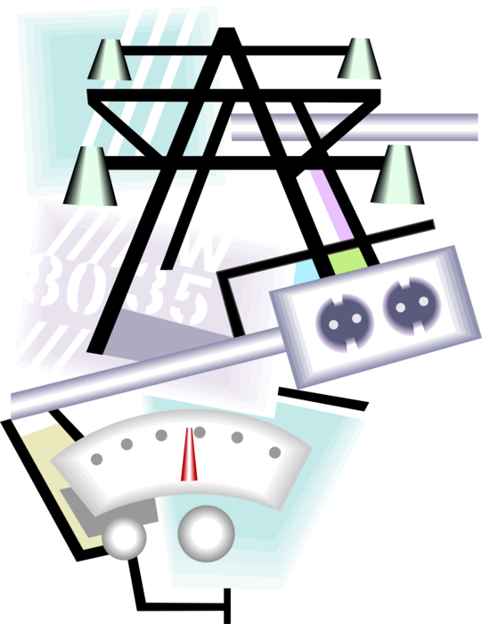 Vector Illustration of Transmission Towers Carry Electrical Power Lines to Distribute Electricity