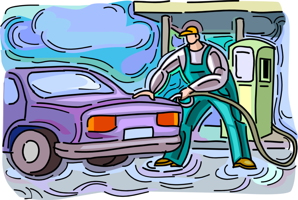 Vector Illustration of Gas Station Attendant Fills Automobile Car with Fossil Fuel Gasoline Petroleum