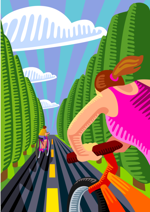 Vector Illustration of Cycling Enthusiasts Ride Country Road on Bicycle Tour