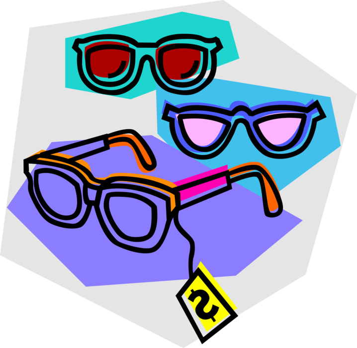 Vector Illustration of Optical Eyeglasses and Sunglasses on Sale in Retail Eyewear Store
