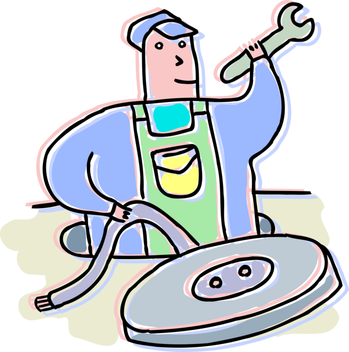 Vector Illustration of Urban Metropolitan City Maintenance Worker Working in Sewer with Wrench
