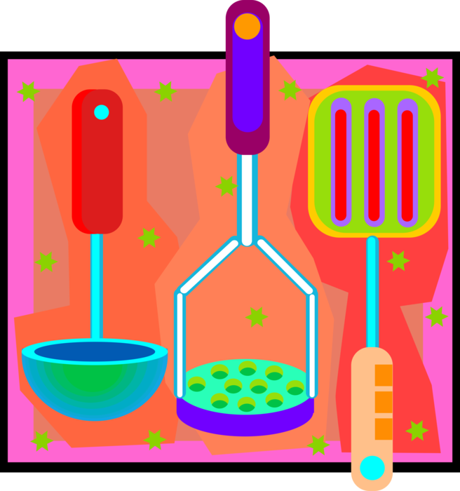 Vector Illustration of Soup Ladle, Food Masher, and Spatula Kitchen Utensils