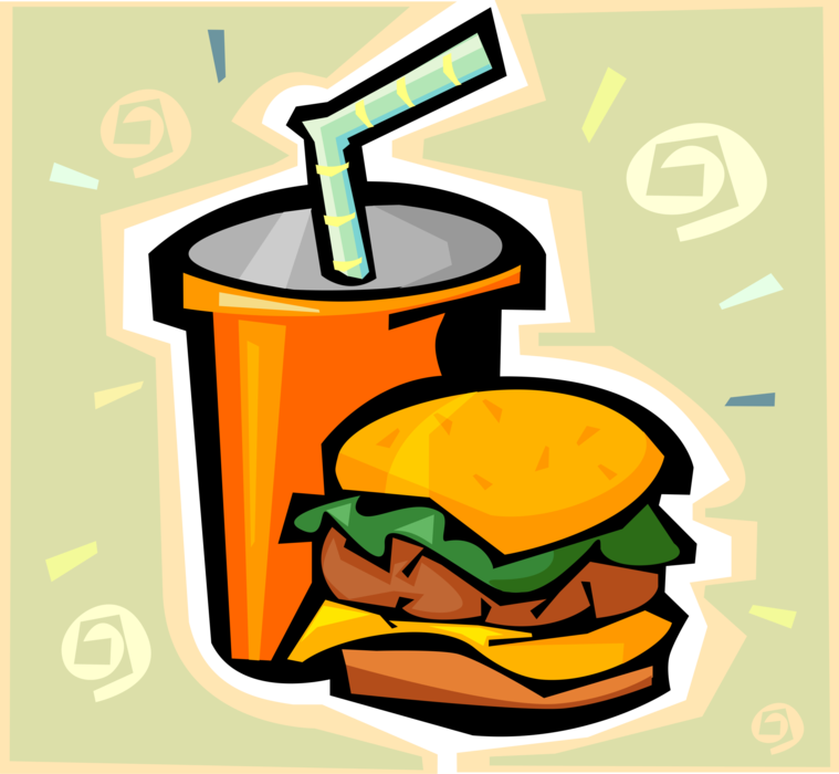 Vector Illustration of Fast Food Hamburger Meal with Soda Soft Drink and Straw