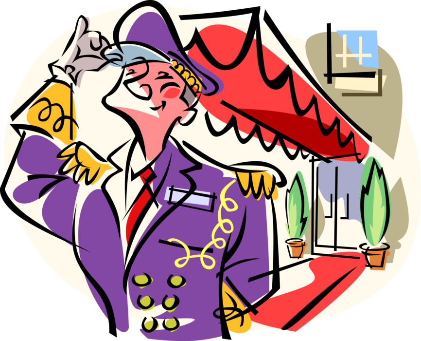 Vector Illustration of Hospitality Industry Hotel Doorman or Porter Greets Guests and Provides Courtesy and Security Service