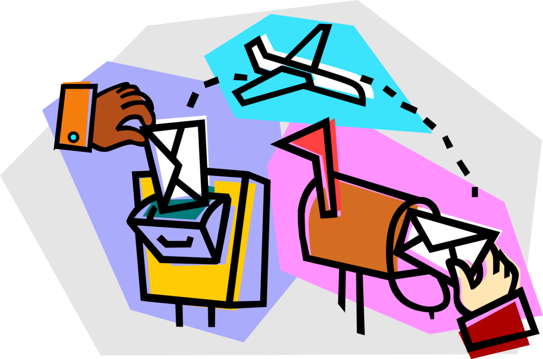 Vector Illustration of Postal Service Mailing Letter Envelope with Airmail Delivery to Letter Box or Mailbox Receptacle