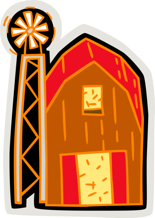 Vector Illustration of Agriculture Barn and Farm Windmill or Wind Engine Draws Water from Well