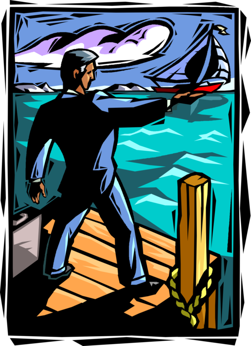 Vector Illustration of Businessman Sets Sail with Sailboat to Discover New Opportunities