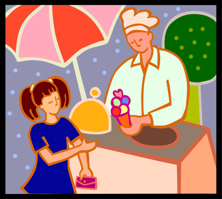 Vector Illustration of Gelato Ice Cream Vendor Serves Gelato Ice Cream Cone to Child