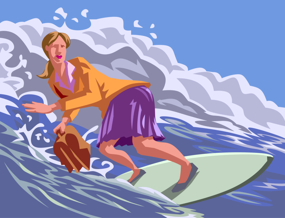 Vector Illustration of Businesswoman Surfer Surfing Ocean Waves on Surfboard