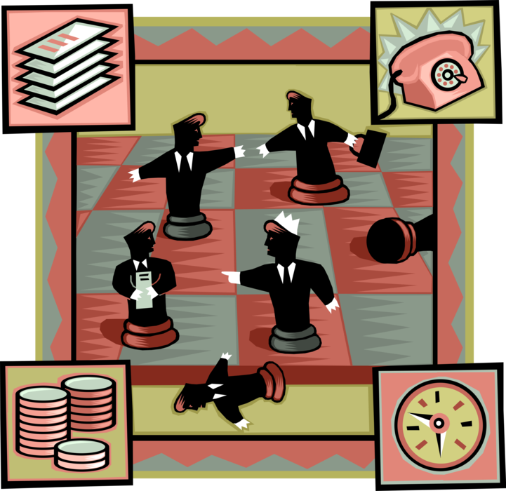 Vector Illustration of Businessmen Chess Pieces in Competitive Strategy Game Chess Match