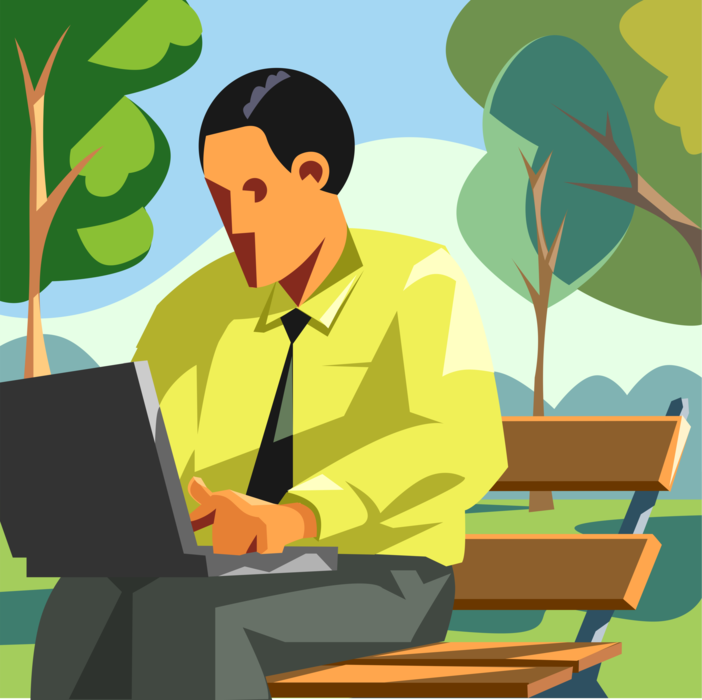 Vector Illustration of Office Worker Working with Computer on Park Bench