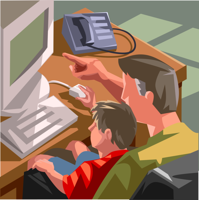 Vector Illustration of Father and Son Surf the Internet Together on Home Computer