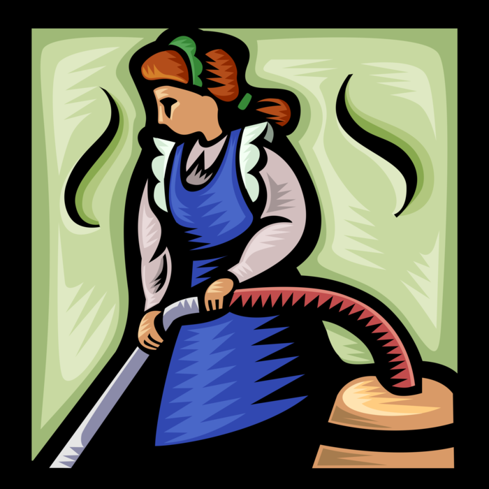 Vector Illustration of Domestic Service Cleaning Maid or Housemaid Vacuums Carpet
