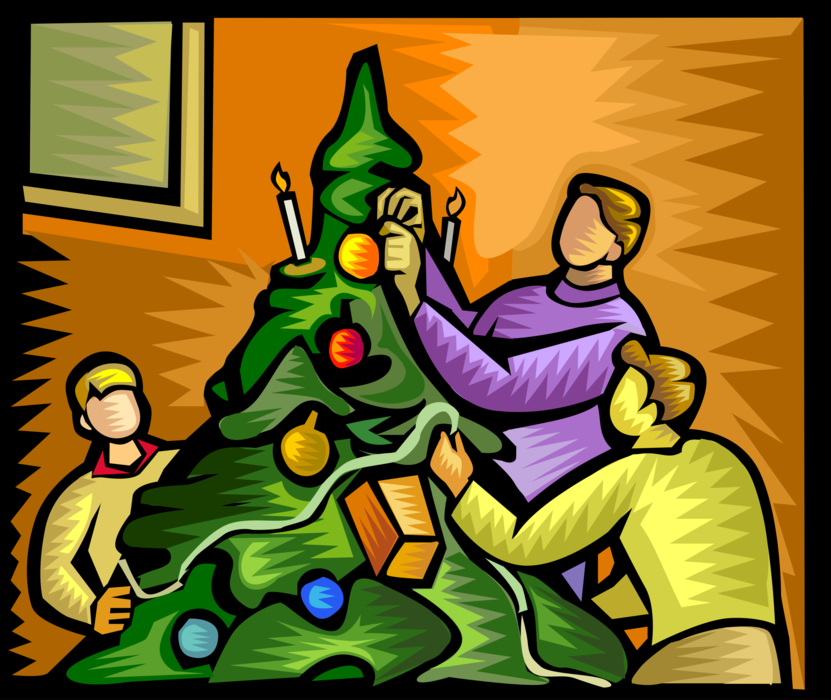 Vector Illustration of Family Decorates Christmas Tree with Ornament Decorations