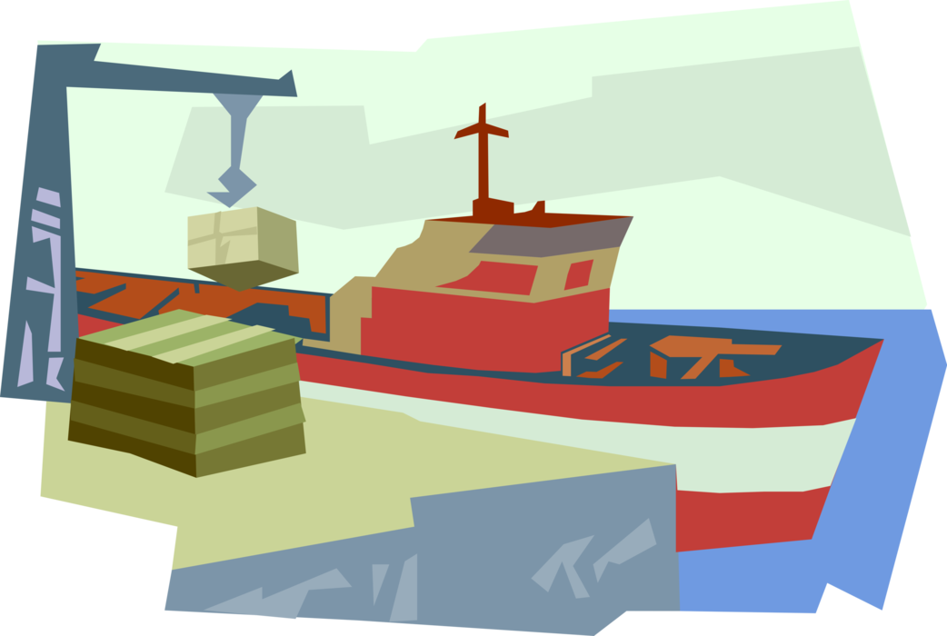 Vector Illustration of Cargo Ship or Freighter Ship or Vessel at Docks Carries Goods and Materials