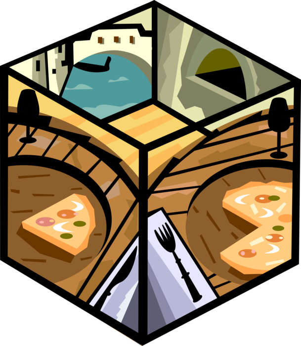Vector Illustration of Italian Pizza Dinner in Venice, Italy