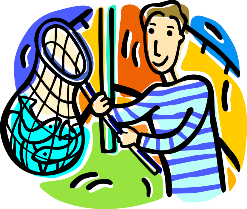 Vector Illustration of Sport Fisherman Angler with Fish Catch in Fishing Net