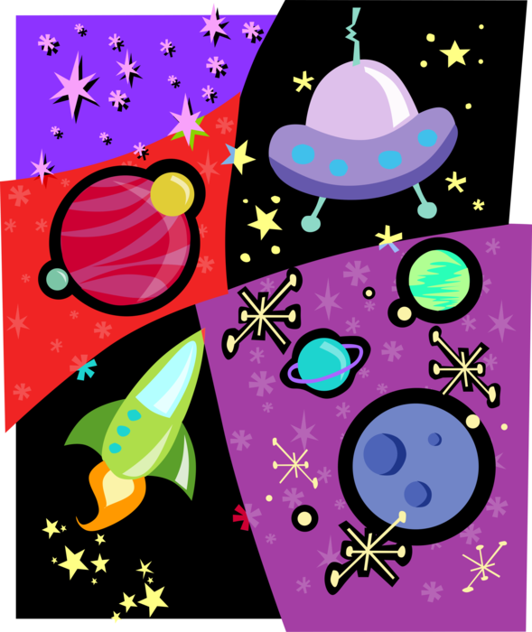 Vector Illustration of Outer Space Planets, Spaceship Spacecraft, UFO and Stars