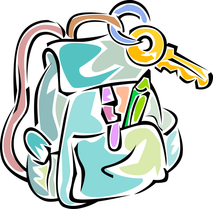 Vector Illustration of Travel Backpack with Key on Keyring and Pencil